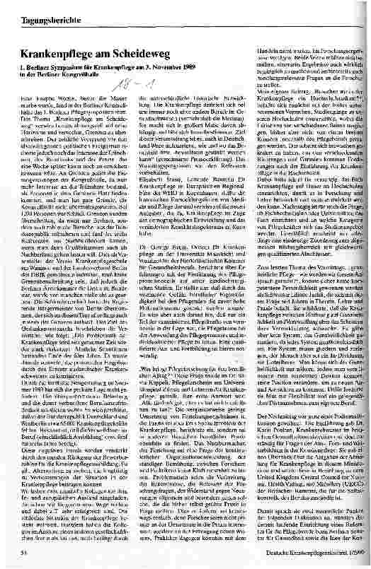 Vorschauseite 1: Krankenpflege am Scheideweg - 1. Berliner Symposium für Krankenpflege am 3. November 1989 in Berlin