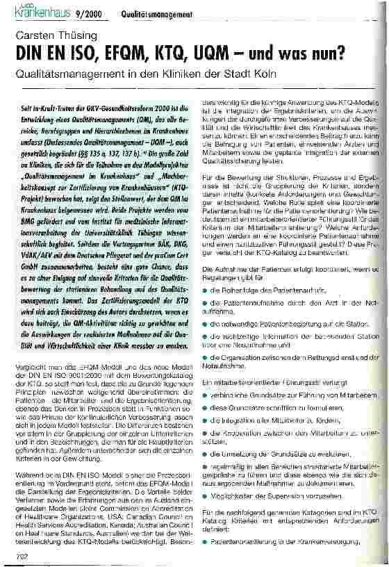 Vorschauseite 1: DIN EN ISO, EFQM, KTQ, UQM - und was nun? Qualitätsmanagement in den Kliniken der Stadt Köln