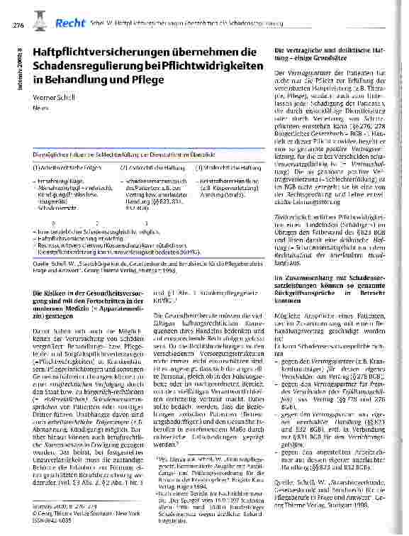 Vorschauseite 1: Haftpflichtversicherungen übernehmen die Schadensregulierung bei Pflichtwidrigkeiten in Behandlung und Pflege