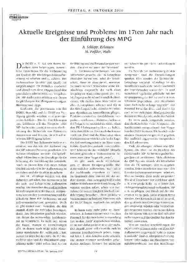 Vorschauseite 1: Aktuelle Ereignisse und Probleme im 17ten Jahr nach der Einführung des MPG