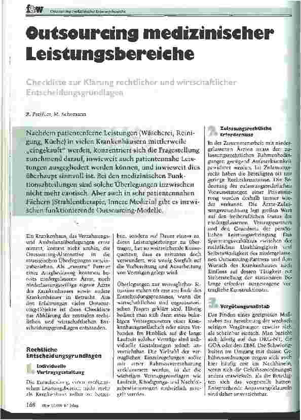 Vorschauseite 1: Outsourcing medizinscher Leistungsbereiche Checkliste zur Klärung rechtlicher und wirtschaftlicher Entscheidungsgrundlagen
