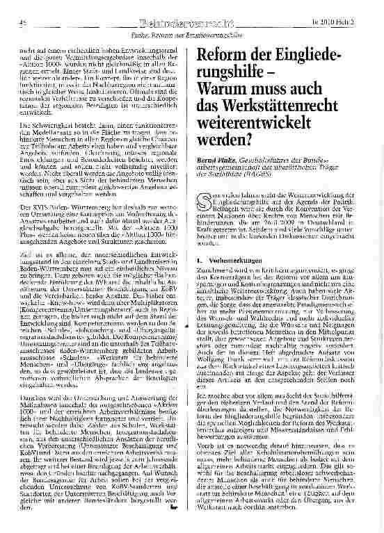 Vorschauseite 1: Reform der Eingliederungshilfe -Warum muss auch das Werkstättenrecht weiterentwickelt werden?