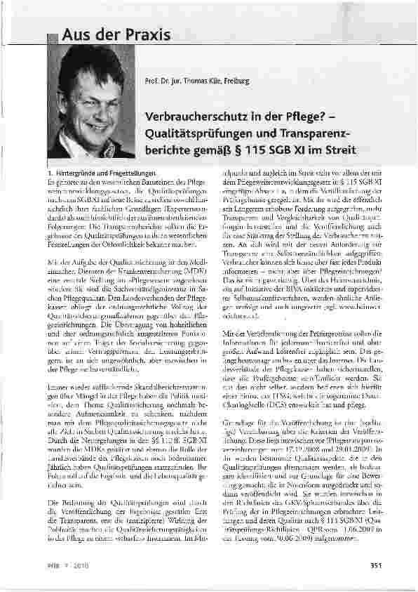 Vorschauseite 1: Verbraucherschutz in der Pflege? -Qualitätsprüfungen und Transparenzberichte gemäß § 115 SGB XI im Streit