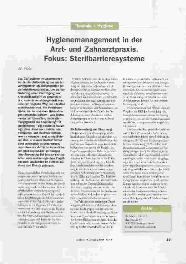 Vorschauseite 1: Hygienemanagement in der Arztund Zahnarztpraxis. Fokus: Sterilbarrieresysteme