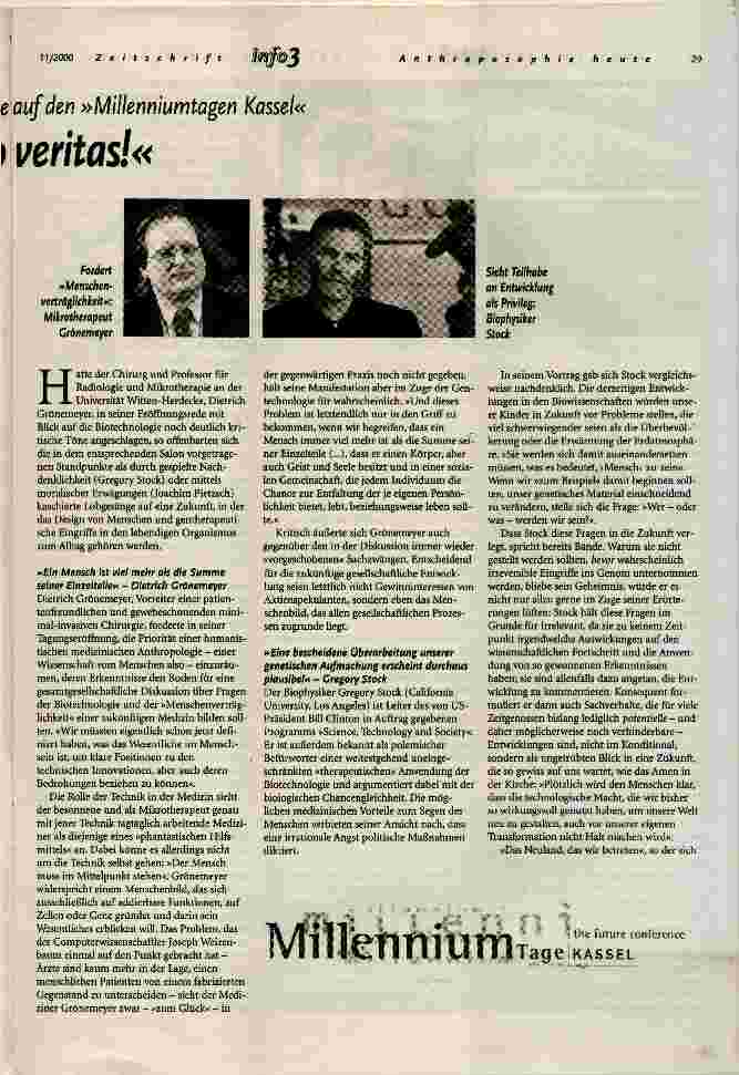 Vorschauseite 2: In vivo veritas! Biotechnologie auf den Millenniumtagen Kassel
