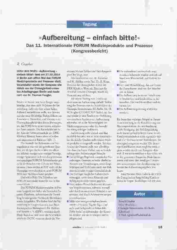 Vorschauseite 1: Aufbereitung - einfach bitte! Das 11. Internationale FORUM Medizinprodukte und Prozesse(Kongressbericht)