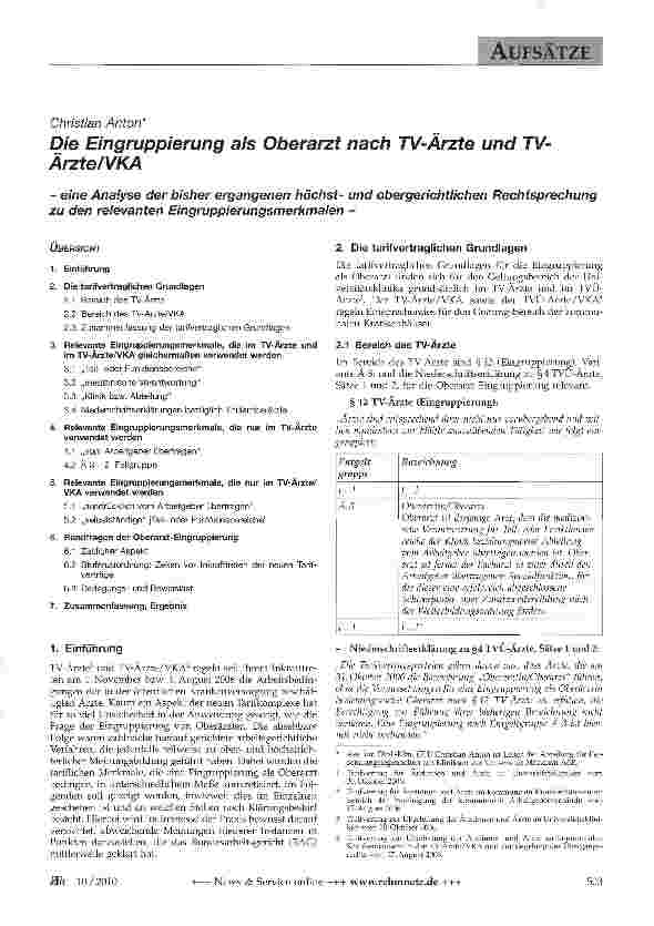 Vorschauseite 1: Die Eingruppierung als Oberarzt nach TV-Ärzte und TV-Ärzte/VKA