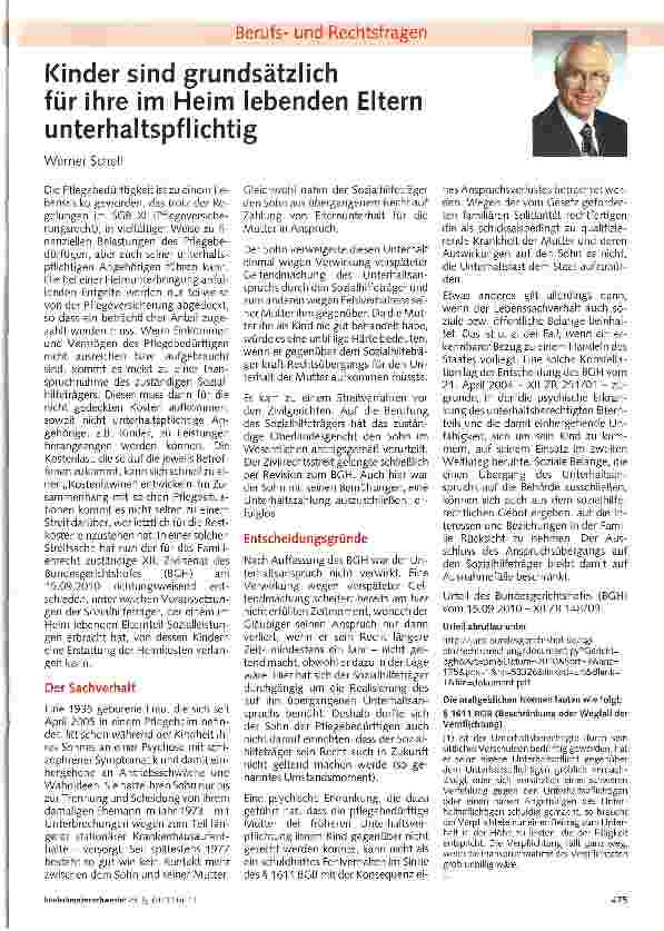 Vorschauseite 1: Kinder sind grundsätzlich für ihre im Heim lebenden Eltern unterhaltspflichtig
