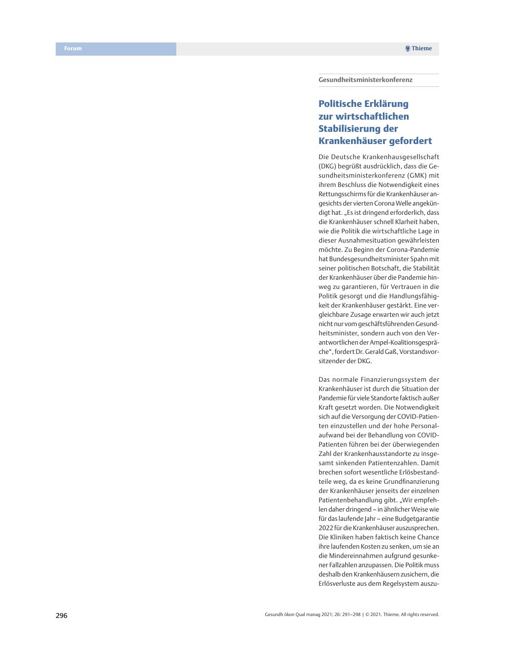 Vorschauseite 1: Gesundheitsministerkonferenz – Politische Erklärung zur wirtschaftlichen Stabilisierung der Krankenhäuser gefordert