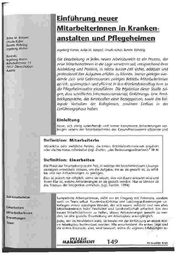 Vorschauseite 1: Einführung neuer MitarbeiterInnen in Krankenanstalten und Pflegeheimen