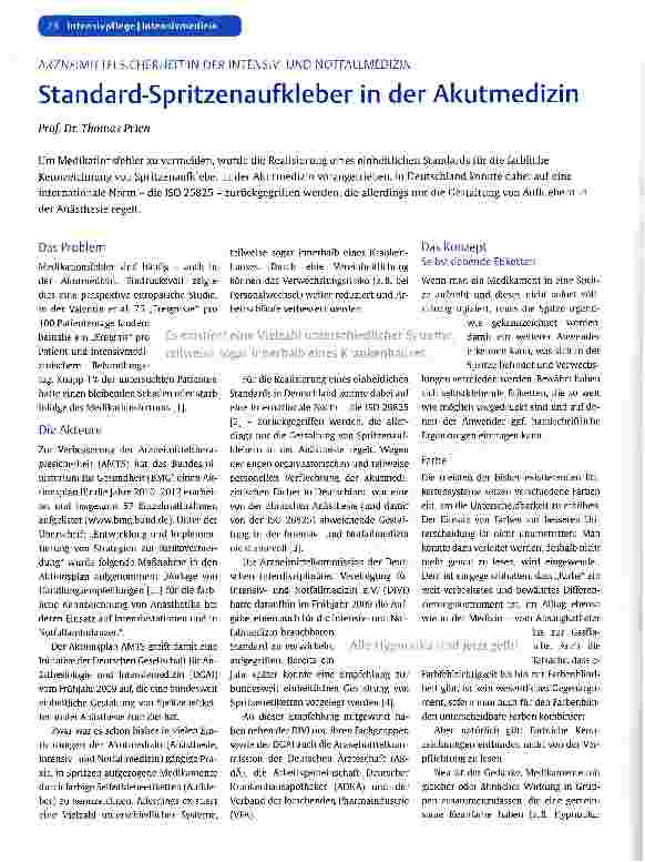 Vorschauseite 1: ARZNEIMITTELSICHERHEIT IN DER INTENSIV-UND NOTFALLMEDIZINStandard-Spritzenaufkleber in der Akutmedizin