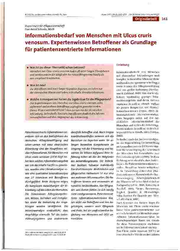 Vorschauseite 1: Informationsbedarf von Menschen mit Ulcus cruris venosum. Expertenwissen Betroffener als Grundlage für patientenzentrierte Informationen