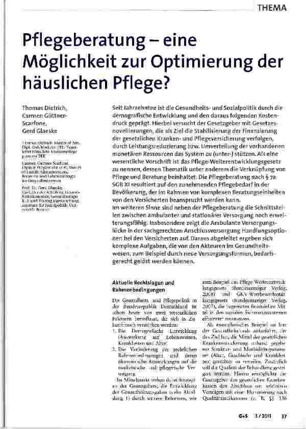 Vorschauseite 1: Pflegeberatung - eine Möglichkeit zur Optimierung der häuslichen Pflege?