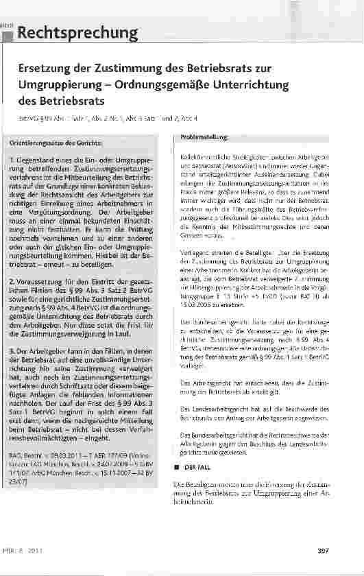 Vorschauseite 1: Ersetzung der Zustimmung des Betriebsrats zur Umgruppierung - Ordnungsgemäße Unterrichtung des Betriebsrats BetrVG § 99 Abs. 1 Satz 1, Abs. 2 Nr. 1, Abs. 3 Satz 1 und 2, Abs. 4