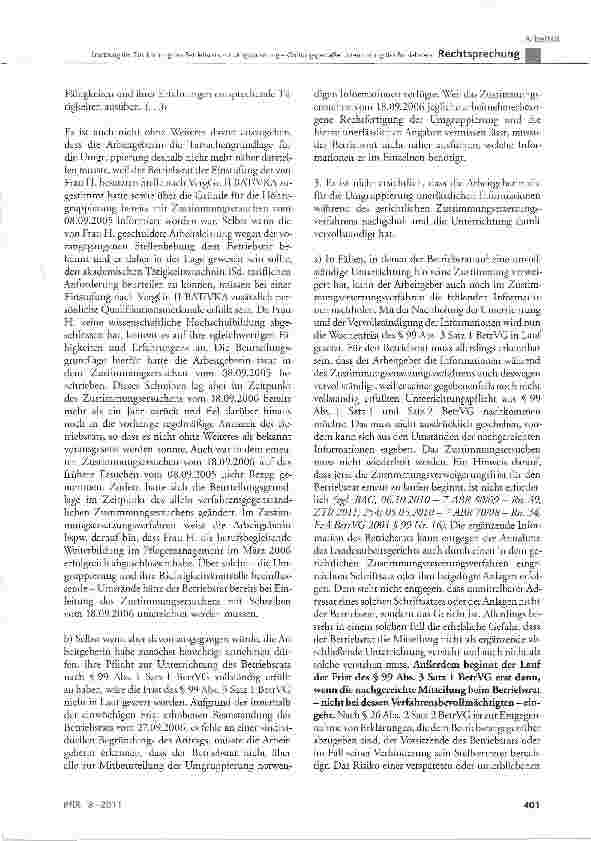 Vorschauseite 5: Ersetzung der Zustimmung des Betriebsrats zur Umgruppierung - Ordnungsgemäße Unterrichtung des Betriebsrats BetrVG § 99 Abs. 1 Satz 1, Abs. 2 Nr. 1, Abs. 3 Satz 1 und 2, Abs. 4