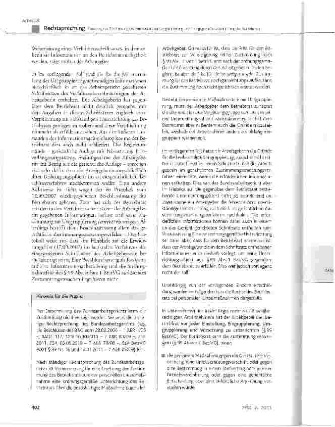 Vorschauseite 6: Ersetzung der Zustimmung des Betriebsrats zur Umgruppierung - Ordnungsgemäße Unterrichtung des Betriebsrats BetrVG § 99 Abs. 1 Satz 1, Abs. 2 Nr. 1, Abs. 3 Satz 1 und 2, Abs. 4