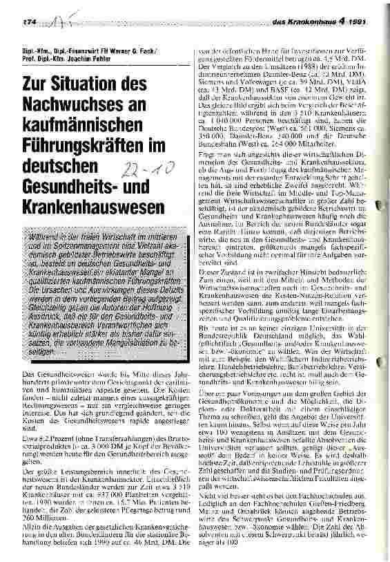 Vorschauseite 1: Zur Situation des Nachwuchses an kaufmännischen Führungskräften im deutschen Gesundheitsund Krankenhauswesen