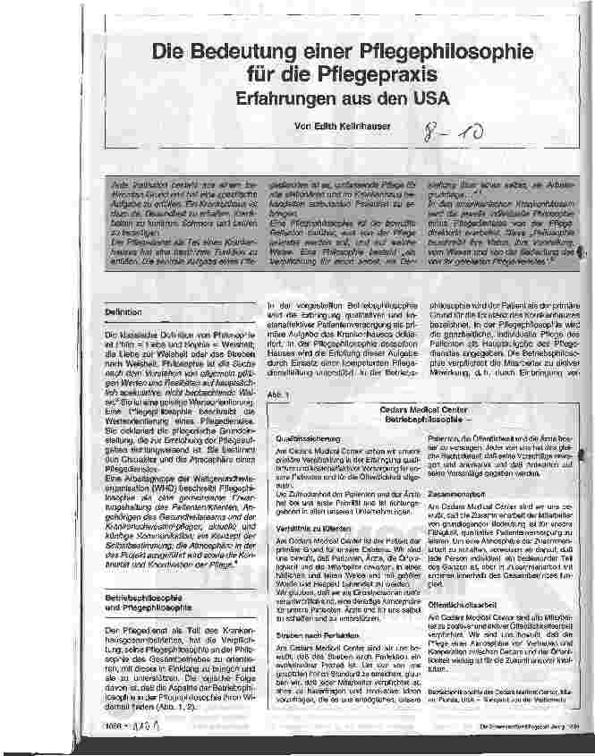 Vorschauseite 1: Die Bedeutung einer Pflegephilosophie für die Pflegepraxis Erfahrungen aus den USA