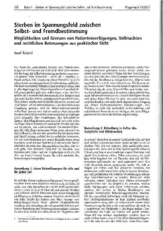 Vorschauseite 1: Sterben im Spannungsfeld zwischen Selbstund Fremdbestimmung Möglichkeiten und Grenzen von Patientenverfügungen, Vollmachten und rechtlichen Betreuungen aus praktischer Sicht