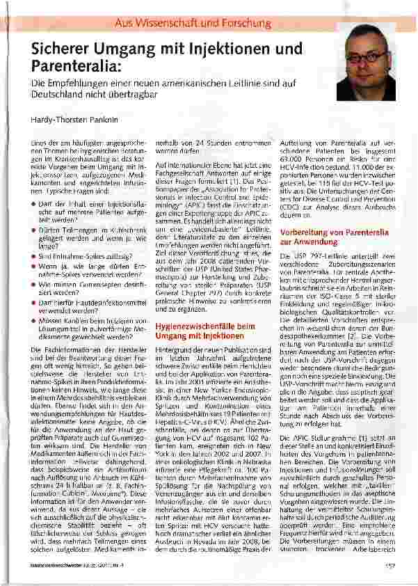 Vorschauseite 1: Sicherer Umgang mit Injektionen und Parenteralia: Die Empfehlungen einer neuen amerikanischen Leitlinie sind auf Deutschland nicht übertragbar