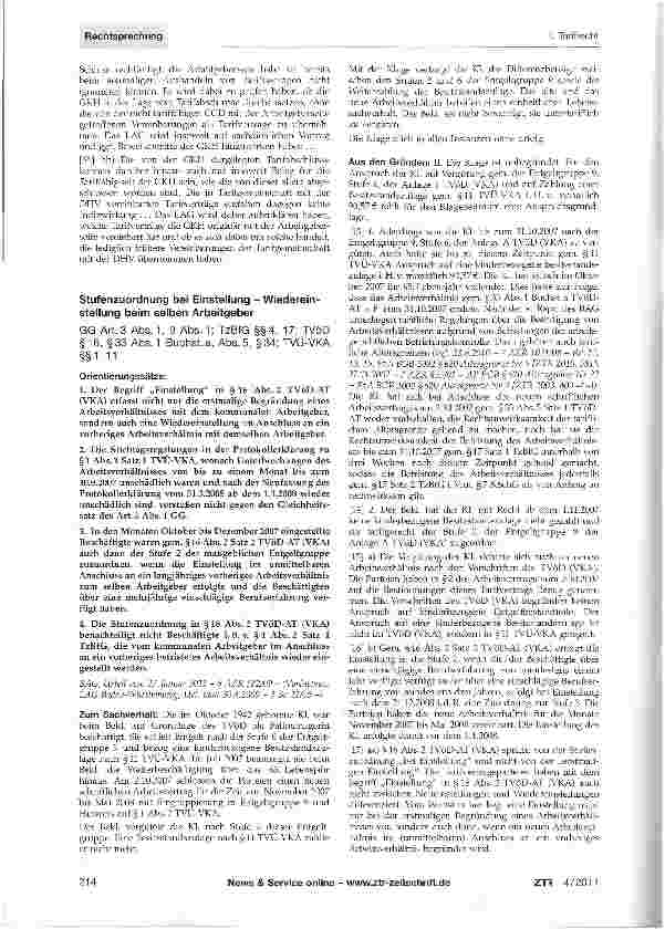 Vorschauseite 1: Stufenzuordnung bei Einstellung - Wiedereinstellung beim selben ArbeitgeberGG Art. 3 Abs. 1, 9 Abs. 1; TzBfG §§4, 17; TVöD §16, §33 Abs.1 Buchst, a, Abs. 5, §34; TVÜ-VKA §§1,11