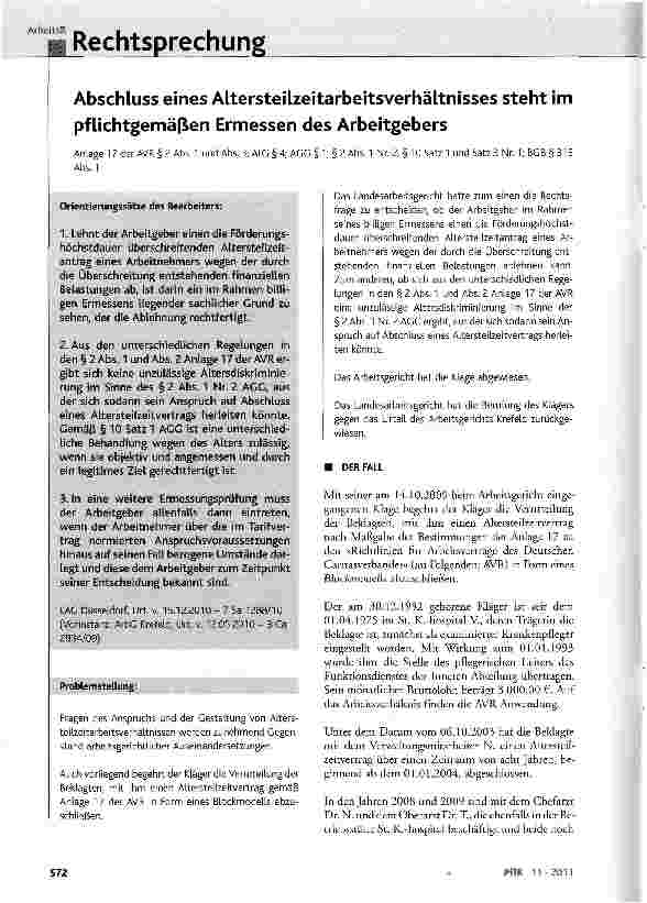 Vorschauseite 1: Abschluss eines Altersteilzeitarbeitsverhältnisses steht im pflichtgemäßen Ermessen des Arbeitgebers Anlage 17 der AVR §2 Abs. 1 und Abs. 3; AtC §4; ACC § 1, § 2 Abs. 1 Nr. 2, § 1…
