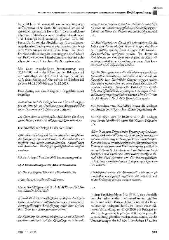 Vorschauseite 2: Abschluss eines Altersteilzeitarbeitsverhältnisses steht im pflichtgemäßen Ermessen des Arbeitgebers Anlage 17 der AVR §2 Abs. 1 und Abs. 3; AtC §4; ACC § 1, § 2 Abs. 1 Nr. 2, § 1…