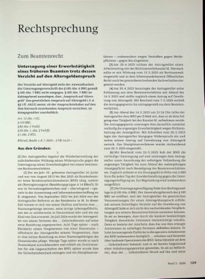 Vorschauseite 1: Zum Beamtenrecht Untersagung einer Erwerbstätigkeit eines früheren Beamten trotz dessen Verzicht auf den Altersgeldanspruch