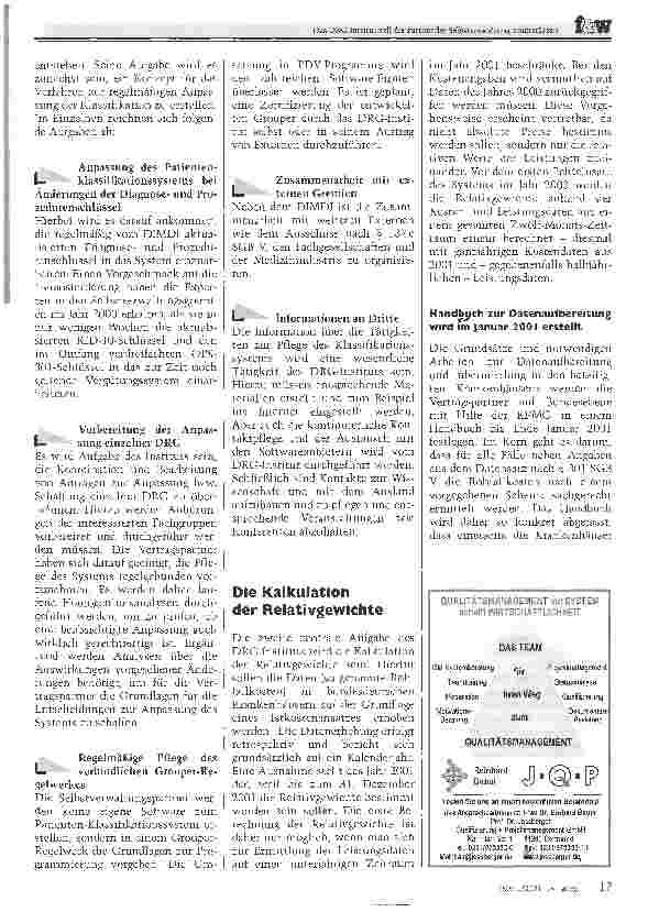 Vorschauseite 2: Das DRG-Institut soll die Partner der Selbstverwaltung unterstützen. Ein Zuschlag auf die Krankenhausentgelte soll Etat von mindestens fünf Millionen DM finanzieren