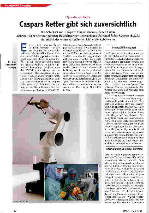 Vorschauseite 1: Caspars Retter gibt sich zuversichtlich Operationsroboter