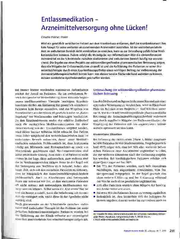 Vorschauseite 1: Entlassmedikation -Arzneimittelversorgung ohne Lücken!