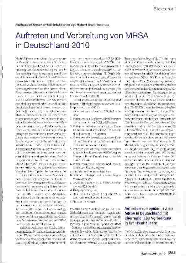 Vorschauseite 1: Auftreten und Verbreitung von MRSA in Deutschland 2010
