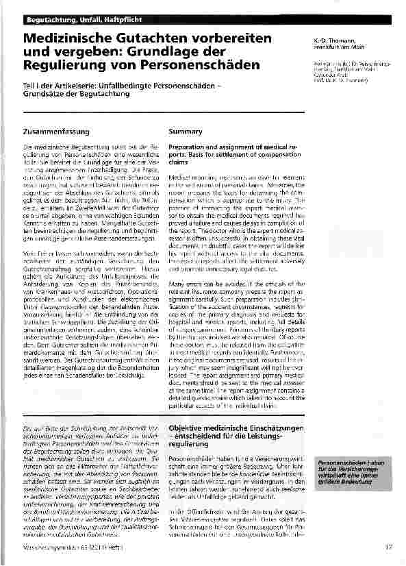 Vorschauseite 1: Medizinische Gutachten vorbereiten und vergeben: Grundlage der Regulierung von PersonenschädenTeil I der Artikelserie: Unfallbedingte Personenschäden -Grundsätze der Begutachtung