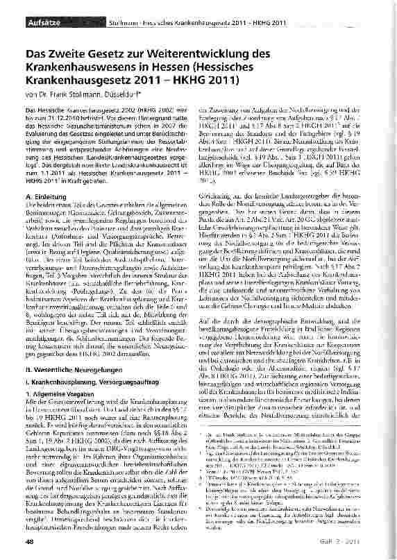 Vorschauseite 1: Das Zweite Gesetz zur Weiterentwicklung des Krankenhauswesens in Hessen (Hessisches Krankenhausgesetz 2011 - HKHG 2011)