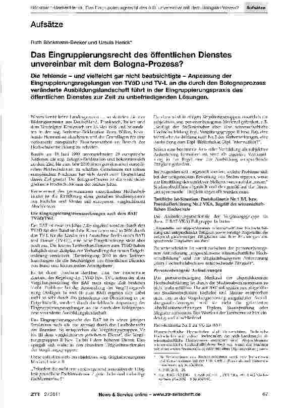 Vorschauseite 1: Das Eingruppierungsrecht des öffentlichen Dienstes unvereinbar mit dem Bologna-Prozess?