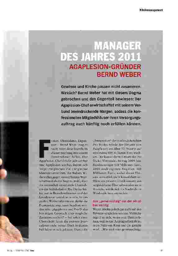 Vorschauseite 2: MANAGER DES JAHRES 2011 AGAPLESION-GRÜNDER BERND WEBER
