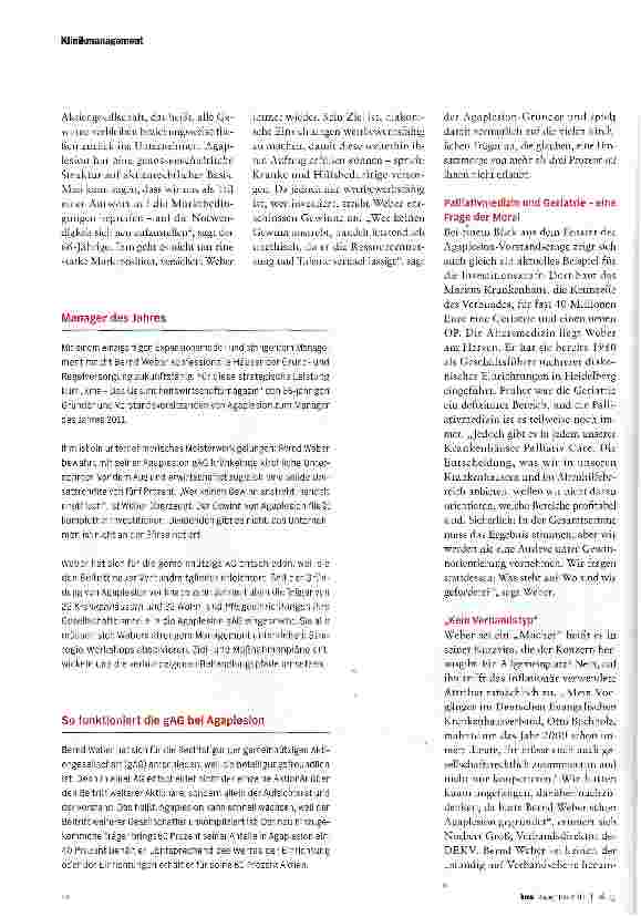 Vorschauseite 3: MANAGER DES JAHRES 2011 AGAPLESION-GRÜNDER BERND WEBER