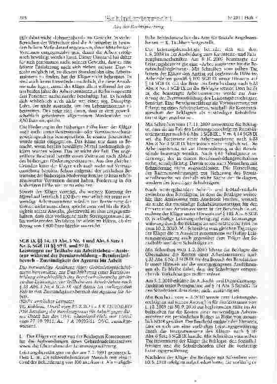 Vorschauseite 1: SGB IX §§ 14, 33 Abs. 3 Nr. 4 und Abs. 8 Satz 1 Nr. 3; SGB III §§ 59 ff. und 97 ff. Leistungen zur Teilhabe am Arbeitsleben - Assistenz während der Berufsausbildung - Berufsschulb…