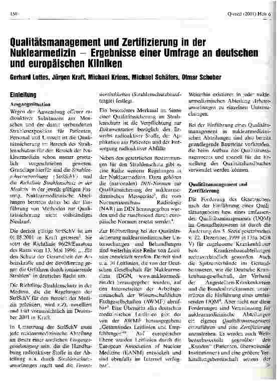 Vorschauseite 1: Qualitätsmanagement und Zertifizierung in der Nuklearmedizin Ergebnisse einer Umfrage an deutschen und europäischen Kliniken