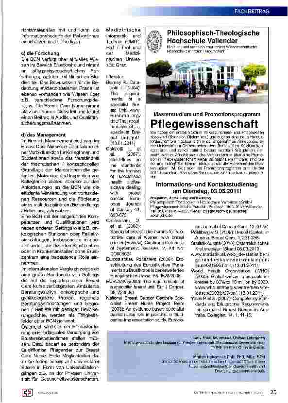 Vorschauseite 4: Breast Care Nurse - eine notwendige Qualifizierung auch für Österreich