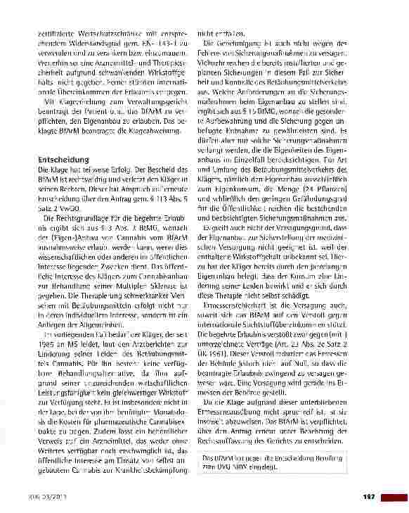 Vorschauseite 2: Erlaubnis zum Eigenanbau von Cannabis für einen Multiple-Sklerose-ErkranktenVG Köln vom 11. 1. 2011 (7 K 3889/09)