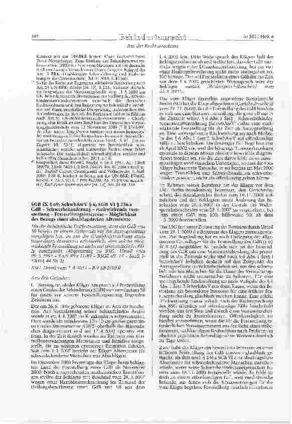 Vorschauseite 1: SGB IX § 69; SchwbAwV § 6; SGB VI § 236 a GdB - Schwerbehinderung - rückwirkende Feststellung - Feststellungsinteresse - Möglichkeit des Bezugs einer abschlagsfreien Altersrente
