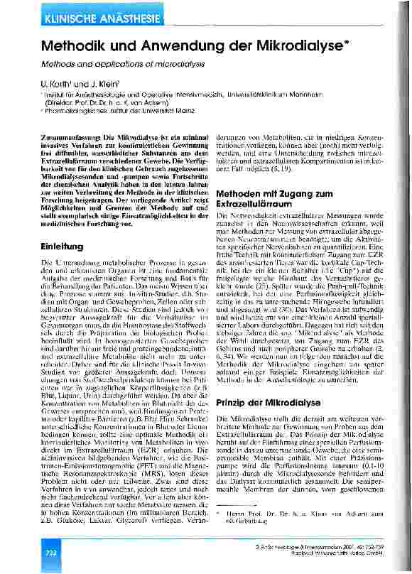 Vorschauseite 1: Methodik und Anwendung der Mikrodialyse