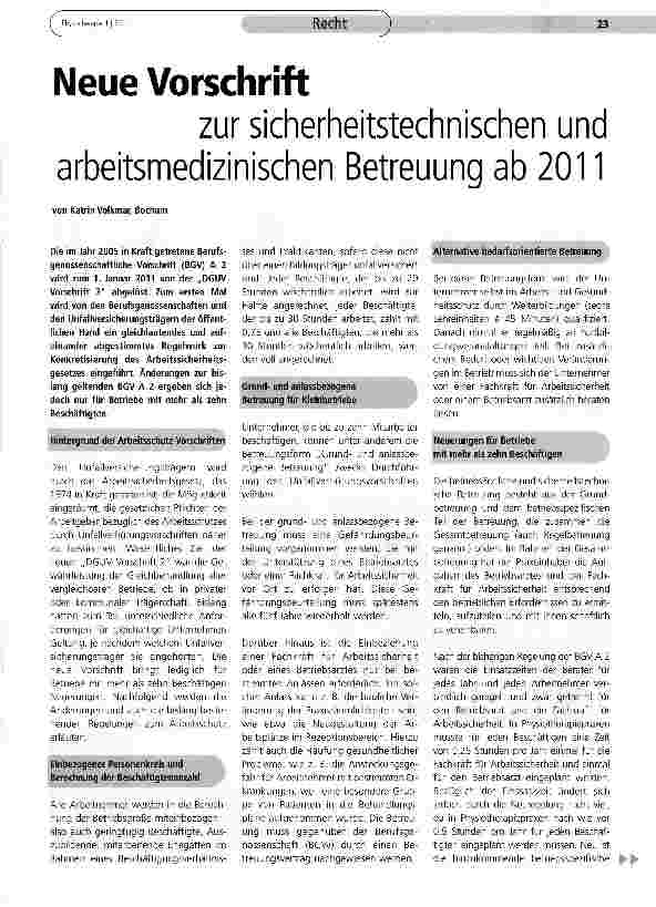 Vorschauseite 1: Neue Vorschrift zur sicherheitstechnischen und arbeitsmedizinischen Betreuung ab 2011