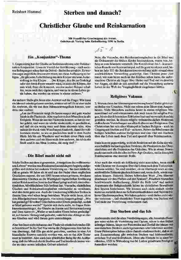 Vorschauseite 1: Sterben und danach? - Christlicher Glaube und Reinkarnation