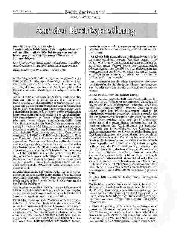 Vorschauseite 1: BGB §§ 2346 Abs. 2, 138 Abs. 1 Verzicht eines behinderten Leistungsbeziehers auf seinen Pflichtteil als Erbe bei Bezug von Sozialleistungen (hier: Eingliederungshilfe) - keine Si…