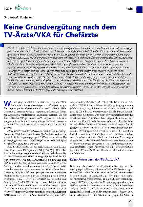 Vorschauseite 1: Keine Grundvergütung nach dem TV-Ärzte/VKA für Chefärzte