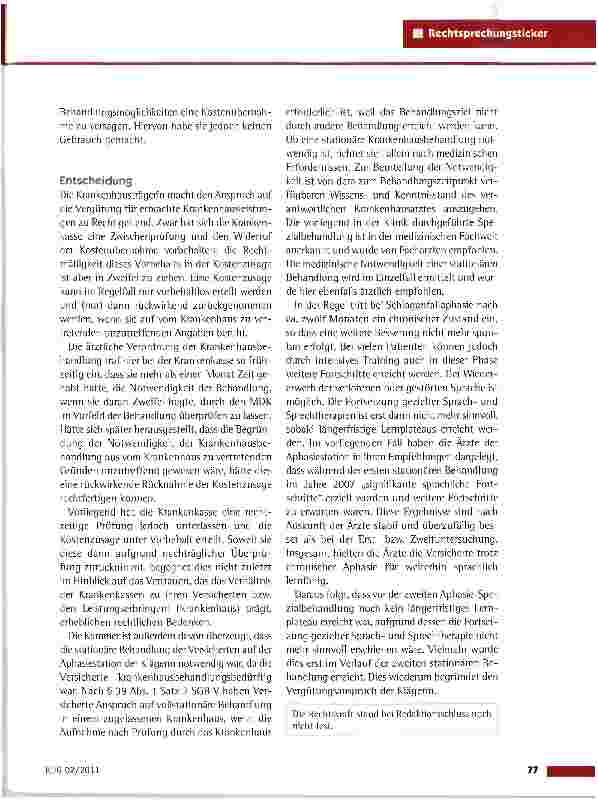 Vorschauseite 2: Anspruch auf stationäre Aphasie-SpezialbehandlungSG Aachen vom 11, 1.2011 (S 13 KR 55/10)