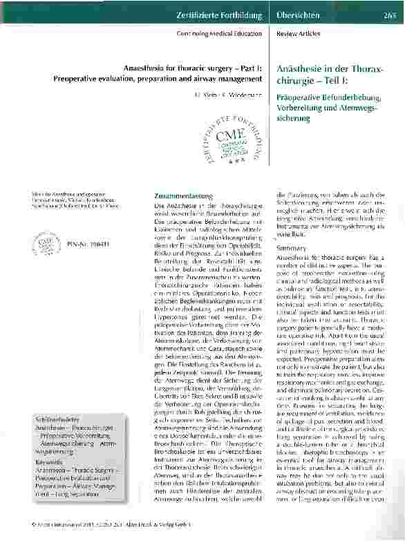 Vorschauseite 1: Anästhesie in der Thorax-Chirurgie -Teil I:Präoperative Befunderhebung, Vorbereitungund Atemwegs-Sicherung