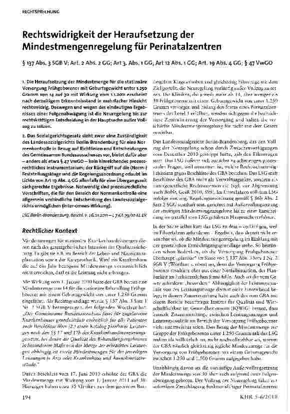 Vorschauseite 1: Rechtswidrigkeit der Heraufsetzung der Mindestmengenregelung für Perinatalzentren